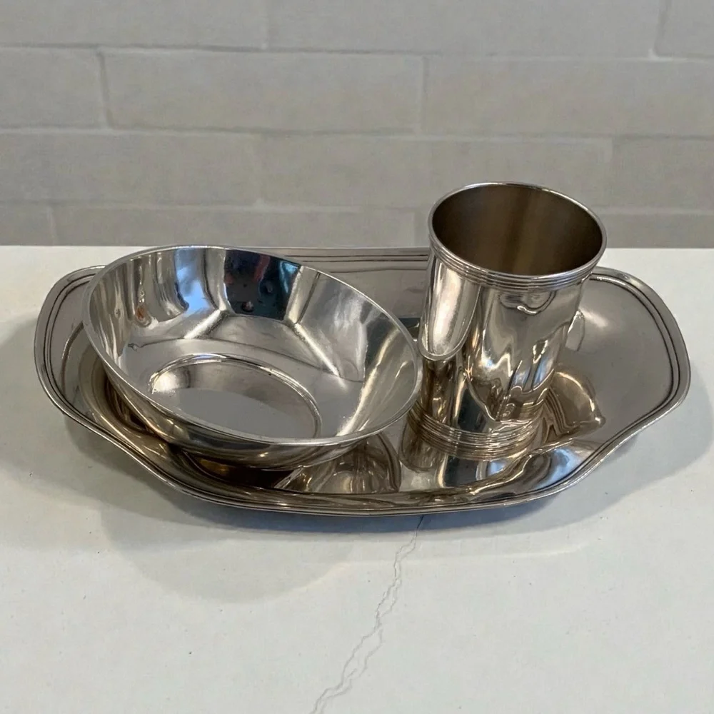 Vintage Sterling Silver Lot: Bread Tray, Bowl, Mint Julep Cup, 487 Grams, Marked - Picture 14 of 16